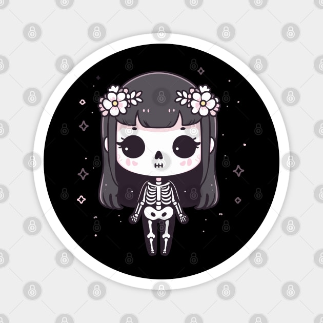 Cute Skeleton in Kawaii Style with Long Hairs | Halloween Skeleton Cute Design Magnet by Nora Liak